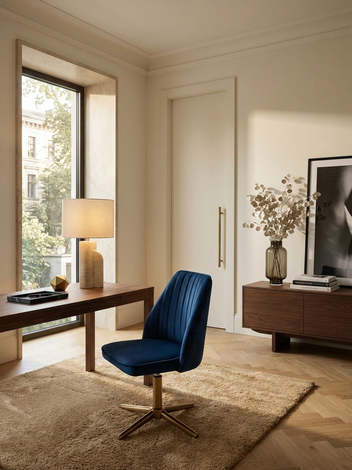 DREHSTUHL Samt mit Höhenverstellung, Eisenfuß und 360° Drehfunktion TANARO, Blau 60x60x100 cm - Blau/Goldfarben, Textil/Metall (60/100/60cm) - KADIMA DESIGN