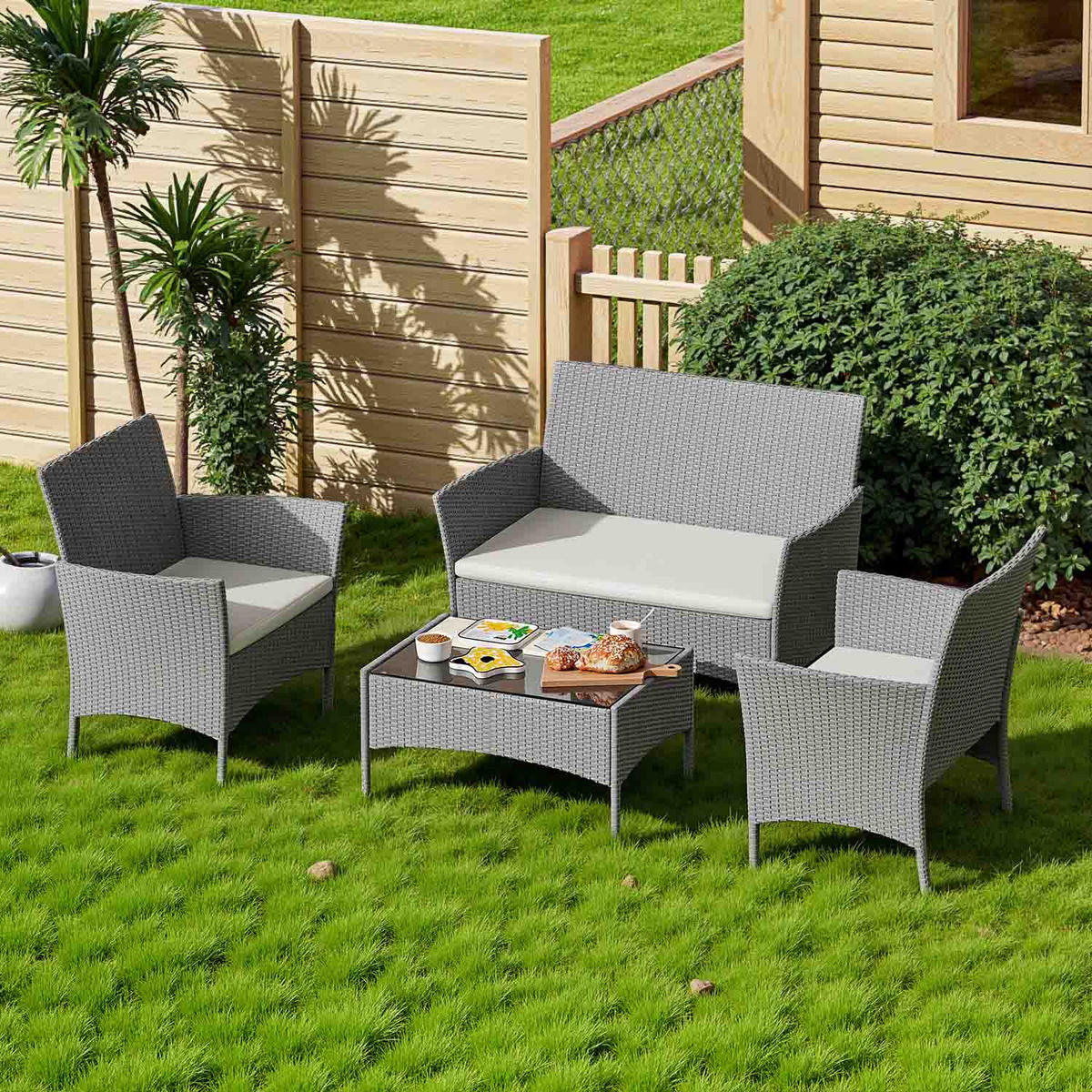 ECKSOFA Loungeset 4tlg Grau Gartensofa Set - Grau, Textil - Rattrix