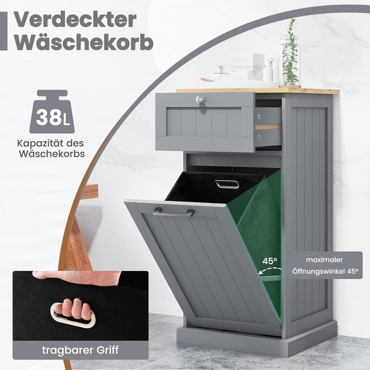 WÄSCHESCHRANK mit Wäschekorb grau - Grau, Holzwerkstoff (40/82/37cm) - COSTWAY