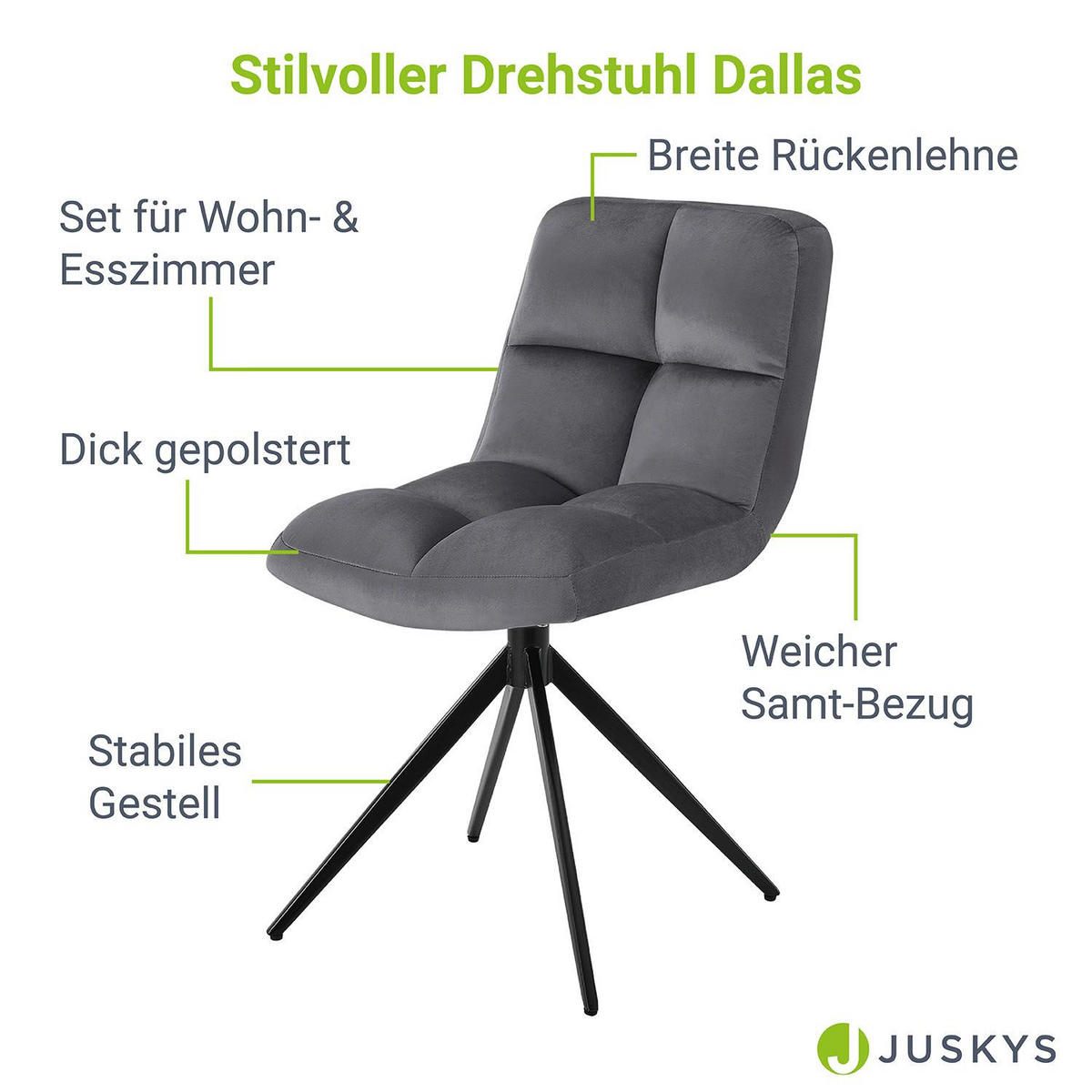 DREHSTUHL Dallas samt dunkelgrau (2er-Set) - Dunkelgrau, Textil (45/84/45cm) - Juskys