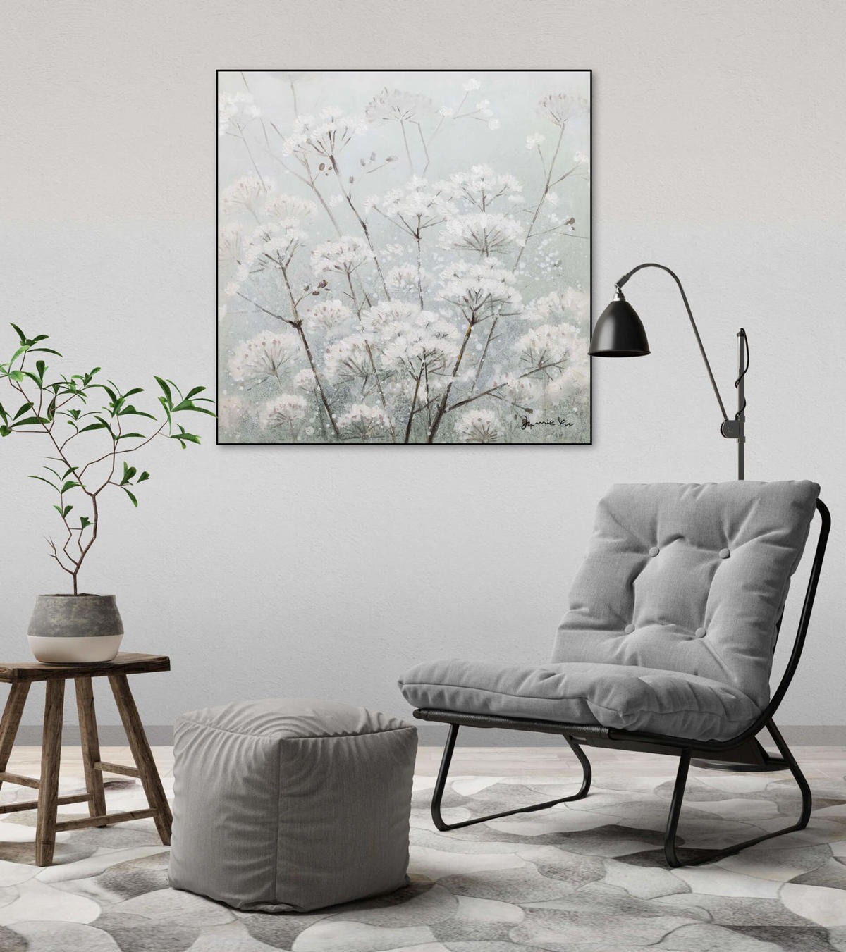 RUČNE MAĽOVANÝ AKRYLOVÝ OBRAZ 80/80 cm, biely/sivý, prírodný a botanický motív - sivá/biela, drevo/textil (80/80cm) - KUNSTLOFT