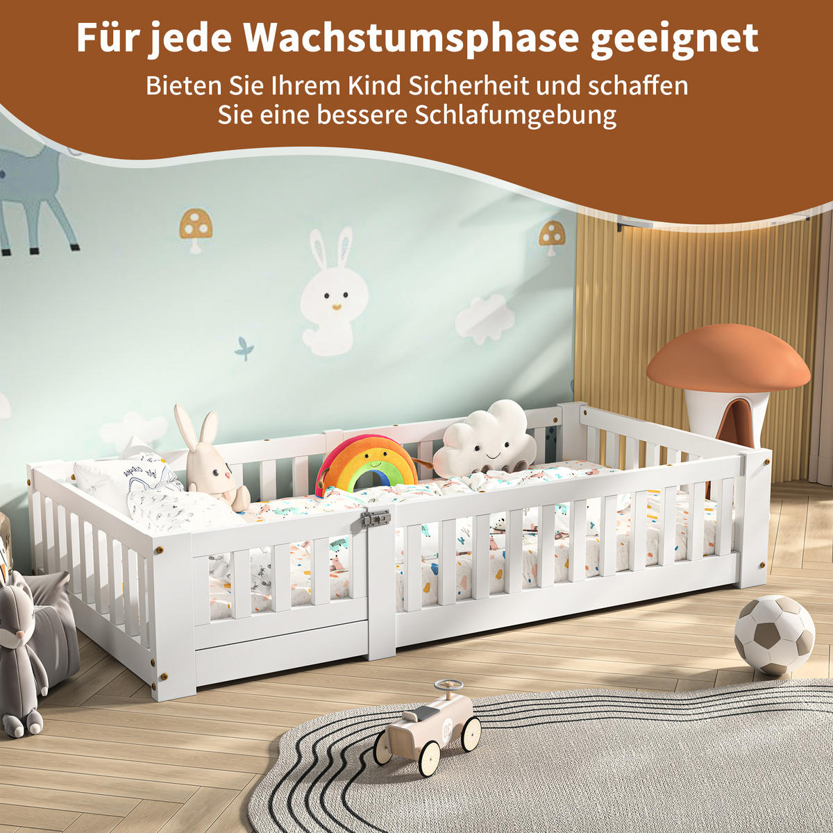 KINDERBETT 90x190 Bodenbett mit Rausfallschutz, Montessori Bett aus Massivholz - Weiß, Holz/Metall (80/160cm) - PARAFTA HOME