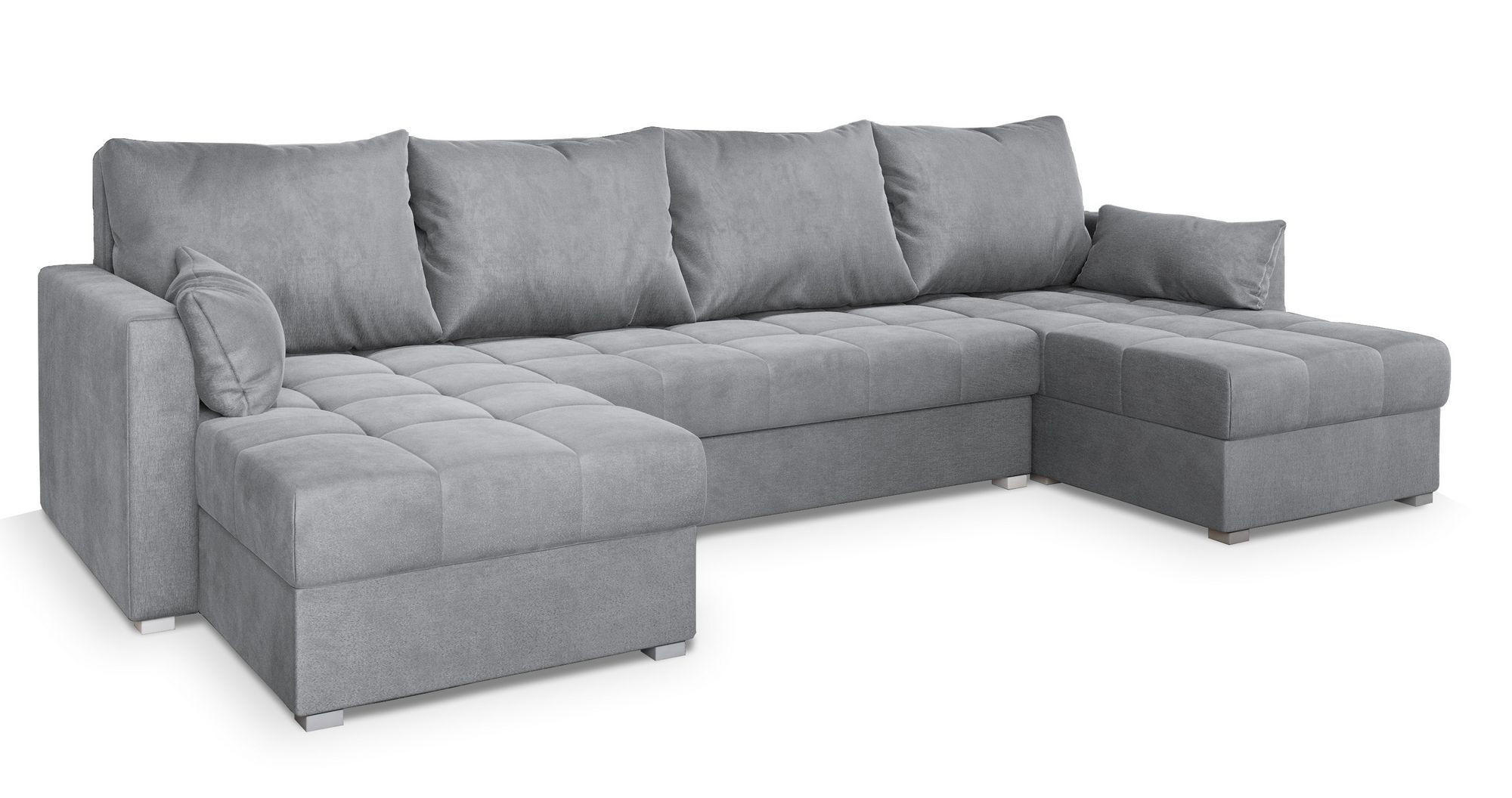WOHNLANDSCHAFT NAKO M Hellgrau Velours-Stoff mit Schlaffunktion - Hellgrau, Holz (285/85/140cm) - MASSENO