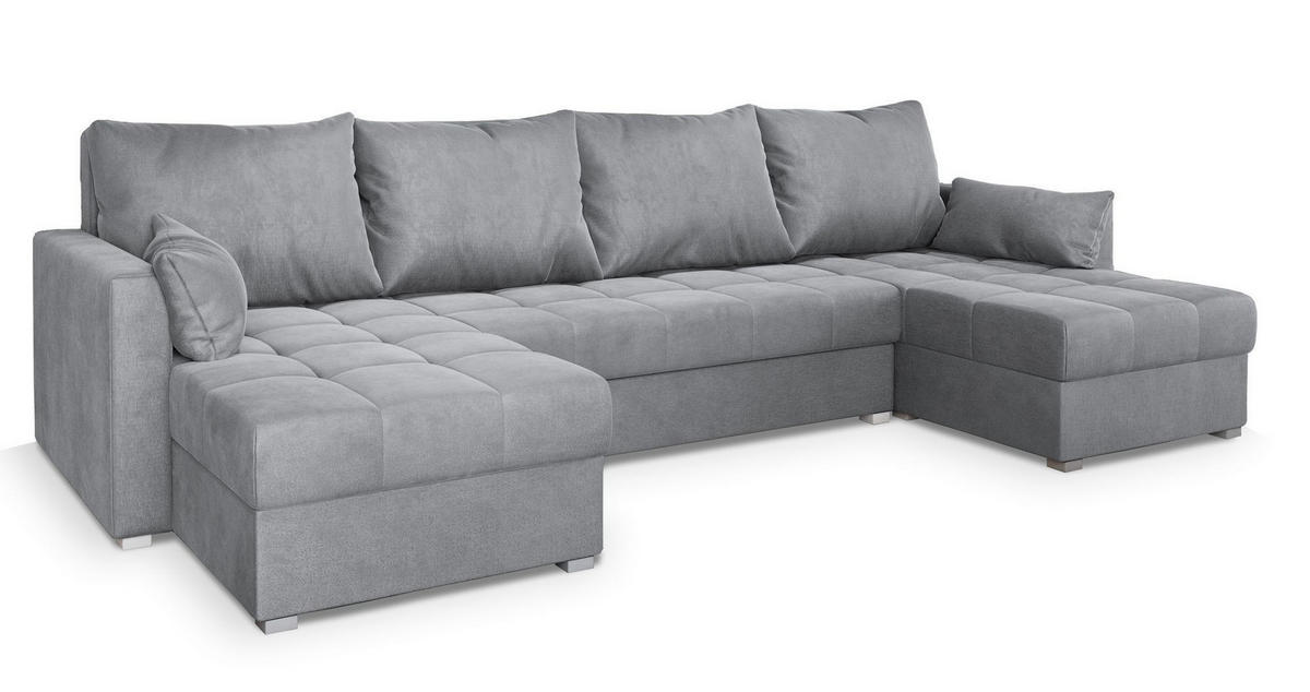 WOHNLANDSCHAFT NAKO M Hellgrau Velours-Stoff mit Schlaffunktion - Hellgrau, Holz (285/85/140cm) - MASSENO