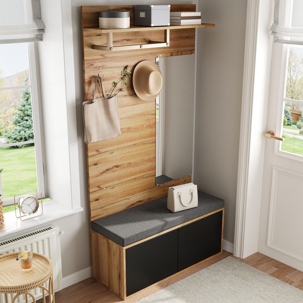 KLEIDERSCHRANKSET Kompakt Spiegel Kissen Garderobenpaneele Flur modern - Schwarz, Holzwerkstoff (38/190/100cm) - FLIEKS