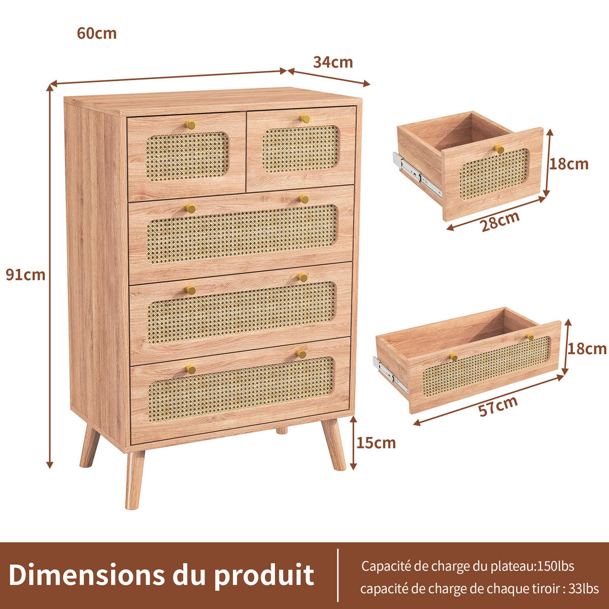 KOMMODE 5 Schubladen Naturholz Rattanfront Massivrahmen - Naturfarben, Holzwerkstoff (34/91/60cm) - SHOPENTRA