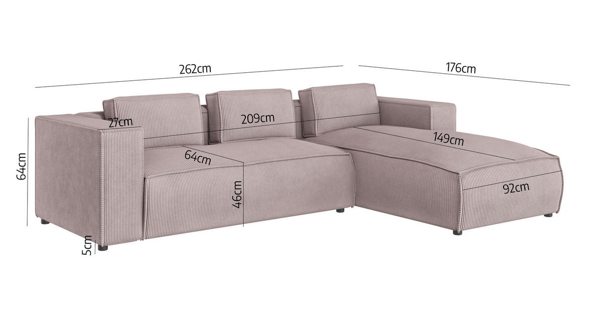 ECKSOFA Nova Puderrosa Cord, Ottomane rechts - Pink/Schwarz, Holz/Kunststoff (262/176cm) - S-Style Möbel