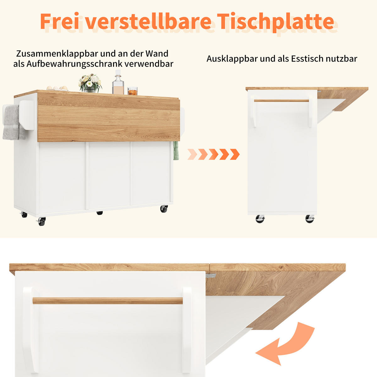 KÜCHENINSEL 120/71/92 cm Weiß mit Klapptisch, 2 Schubladen, 5 Rollen und verstellbaren Böden - Weiß, Holz/Holzwerkstoff (120/92/43.2cm) - Oxeza