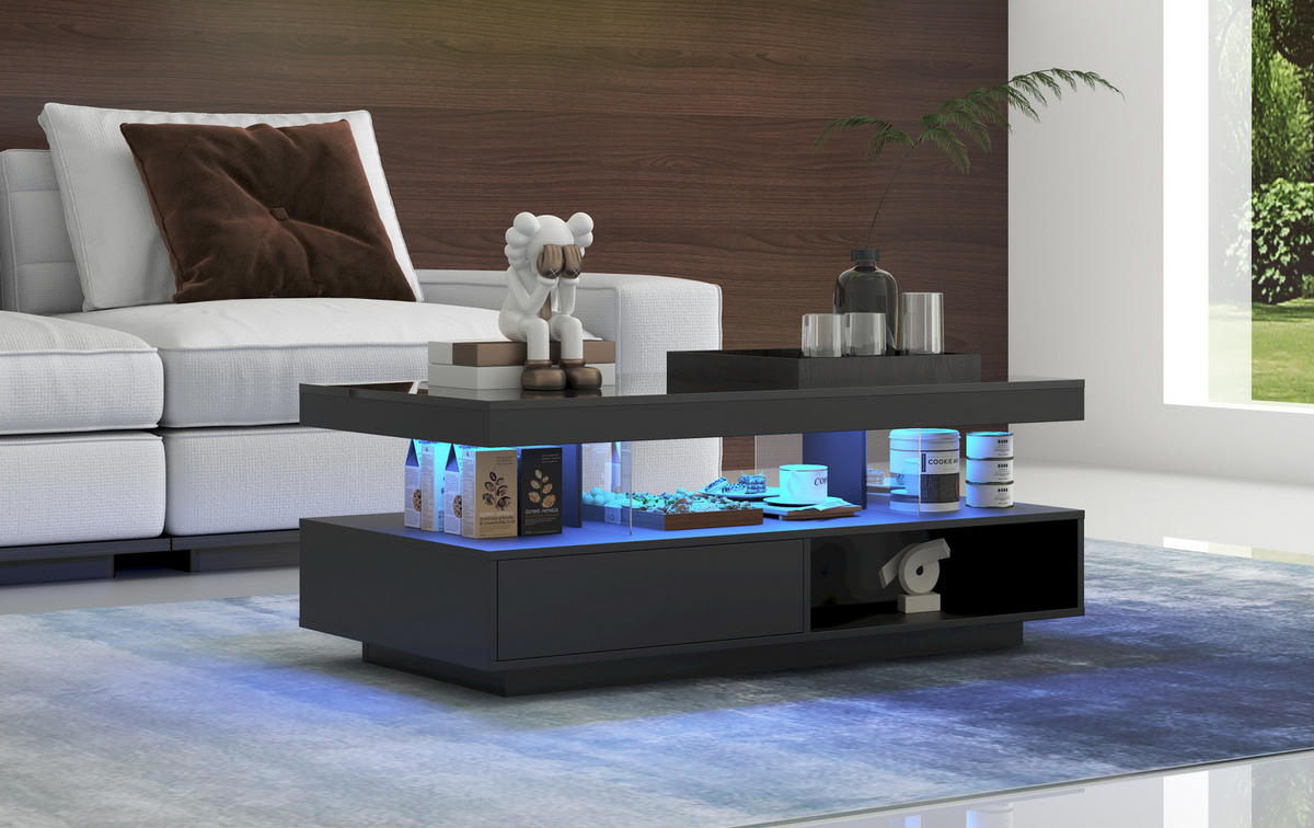 COUCHTISCH aus Spanplatte 95x50x42,5 cm Schwarz mit LED-Beleuchtung, 2 Schubladen, 2 offenen Fächern und Glaseinsätzen - Schwarz, Holzwerkstoff (95/50/42.5cm) - Modfu