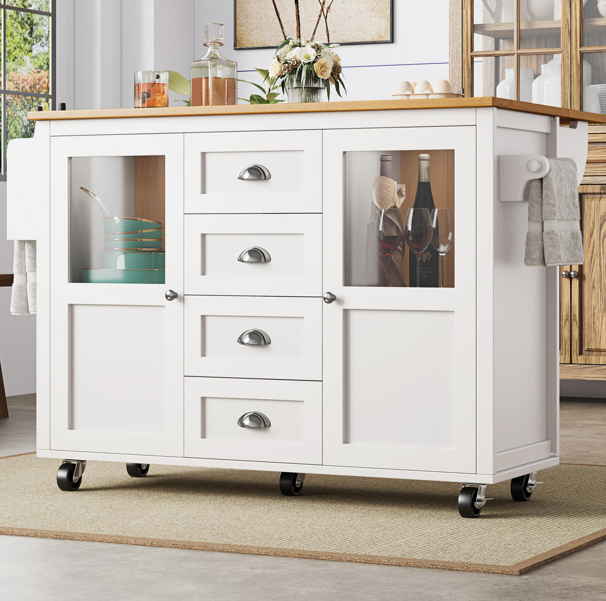 KÜCHENINSEL aus MDF und Metall 137,9x73x92,5 cm Weiß mit Klapptisch, Rollen und großem Stauraum - Weiß, Holzwerkstoff (137.9/92.5/73cm) - Modfu