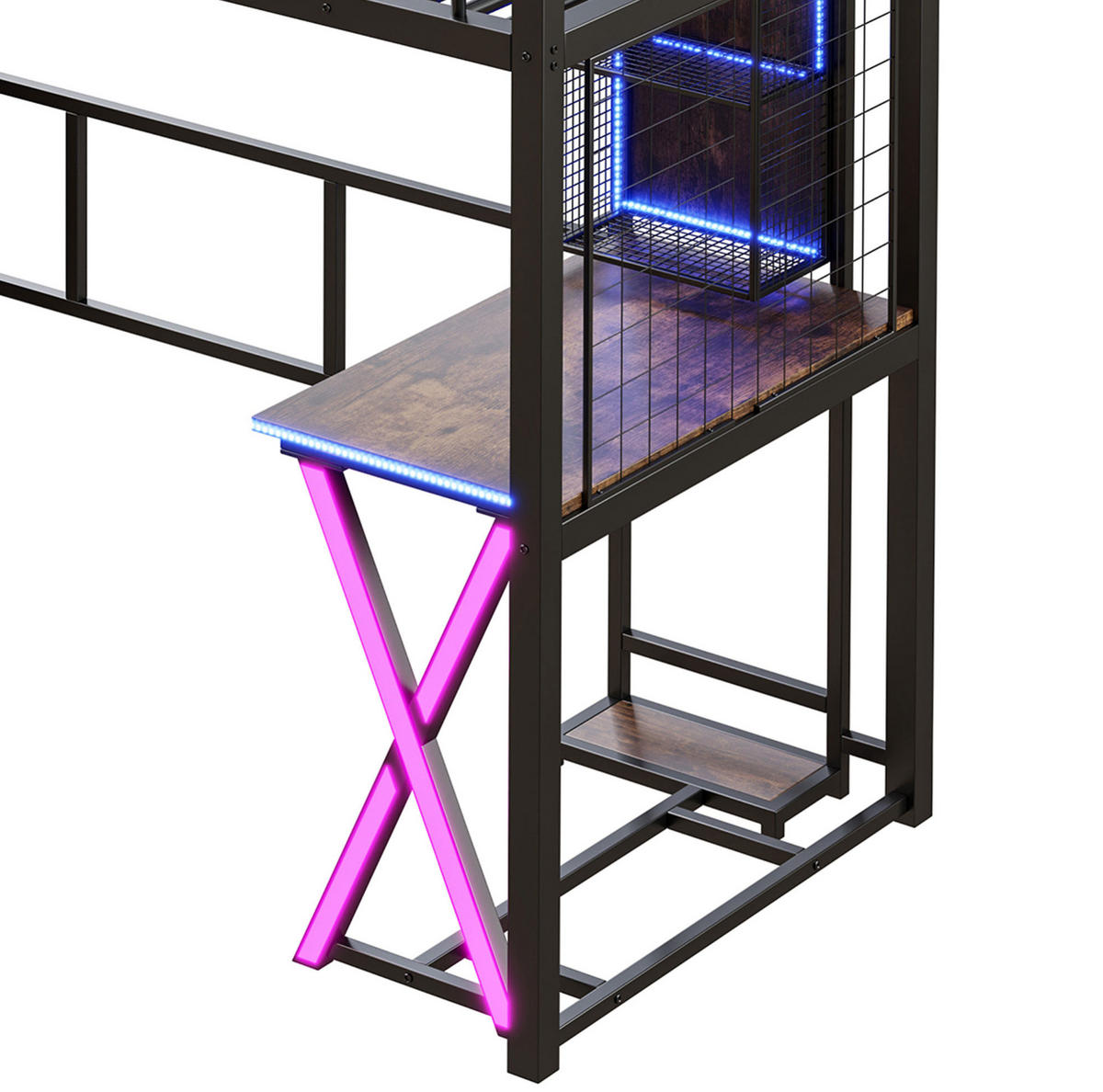 HOCHBETT 90/200 cm mit Schreibtisch, Ablageleiter, Kleiderschrank ohne Matratze - Schwarz, Metall (90/200cm) - MIVRAY
