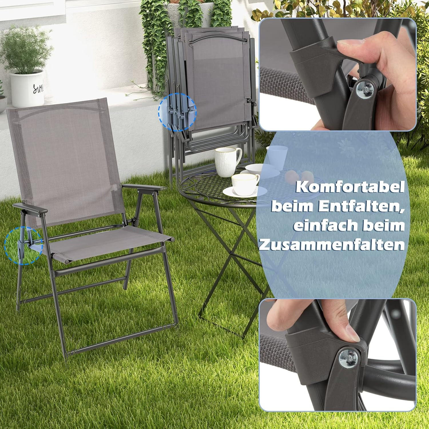 Thumbnail - Costway Klappstühle, Grau, Metall, 58x96x58 cm, Gartenmöbel, Gartenstühle, Gartenklappstühle
