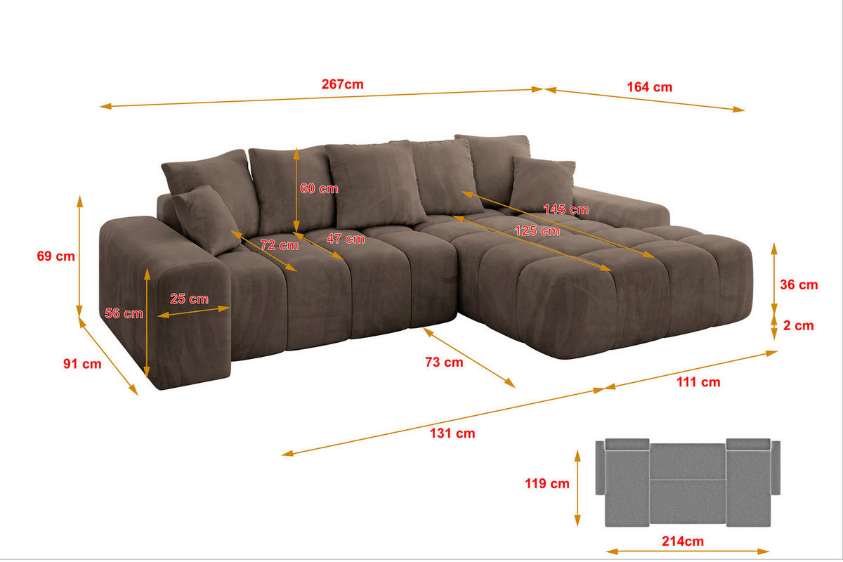 ECKSOFA Ottomane Rechts ENSI-L - 267x164x69 cm Braun - Braun, Holzwerkstoff/Kunststoff (164/267cm) - ALTDECOR