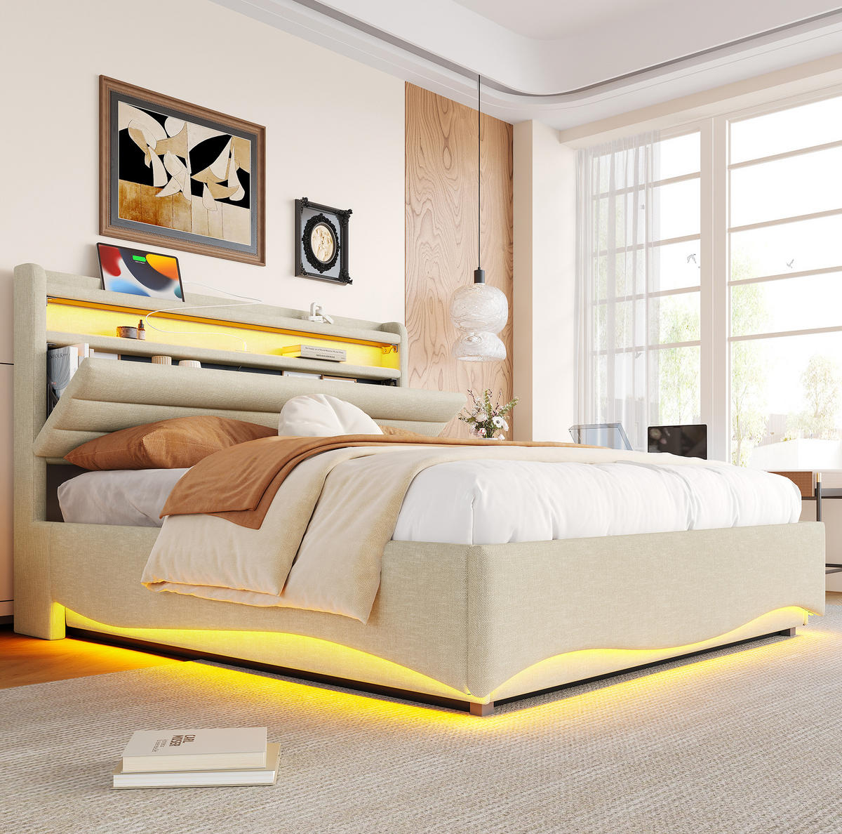 ČALÚNENÁ posteľ z ľanu 140x200 cm sivá s LED osvetlením, hydraulickým úložným priestorom, USB a USB-C - sivá, textil (140/200cm) - Modfu