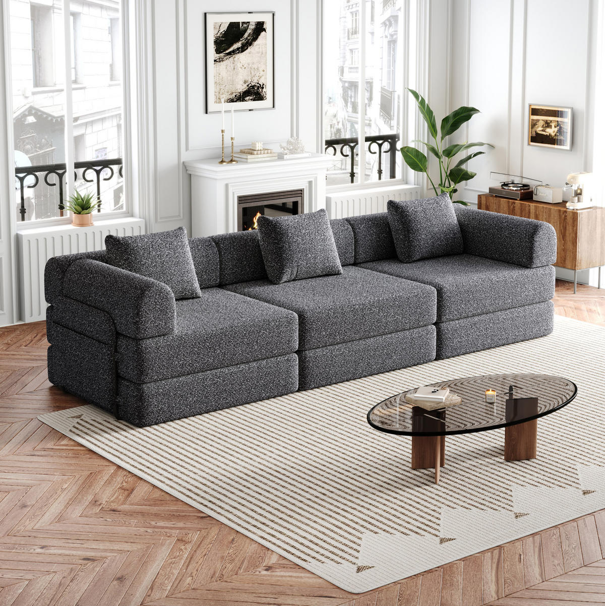 SCHLAFSOFA aus Chenille Grau 2-in-1 mit Armlehnen-Ablagefach und flexibler Modulnutzung - Grau, Textil (91.4/69.8/274cm) - Modfu