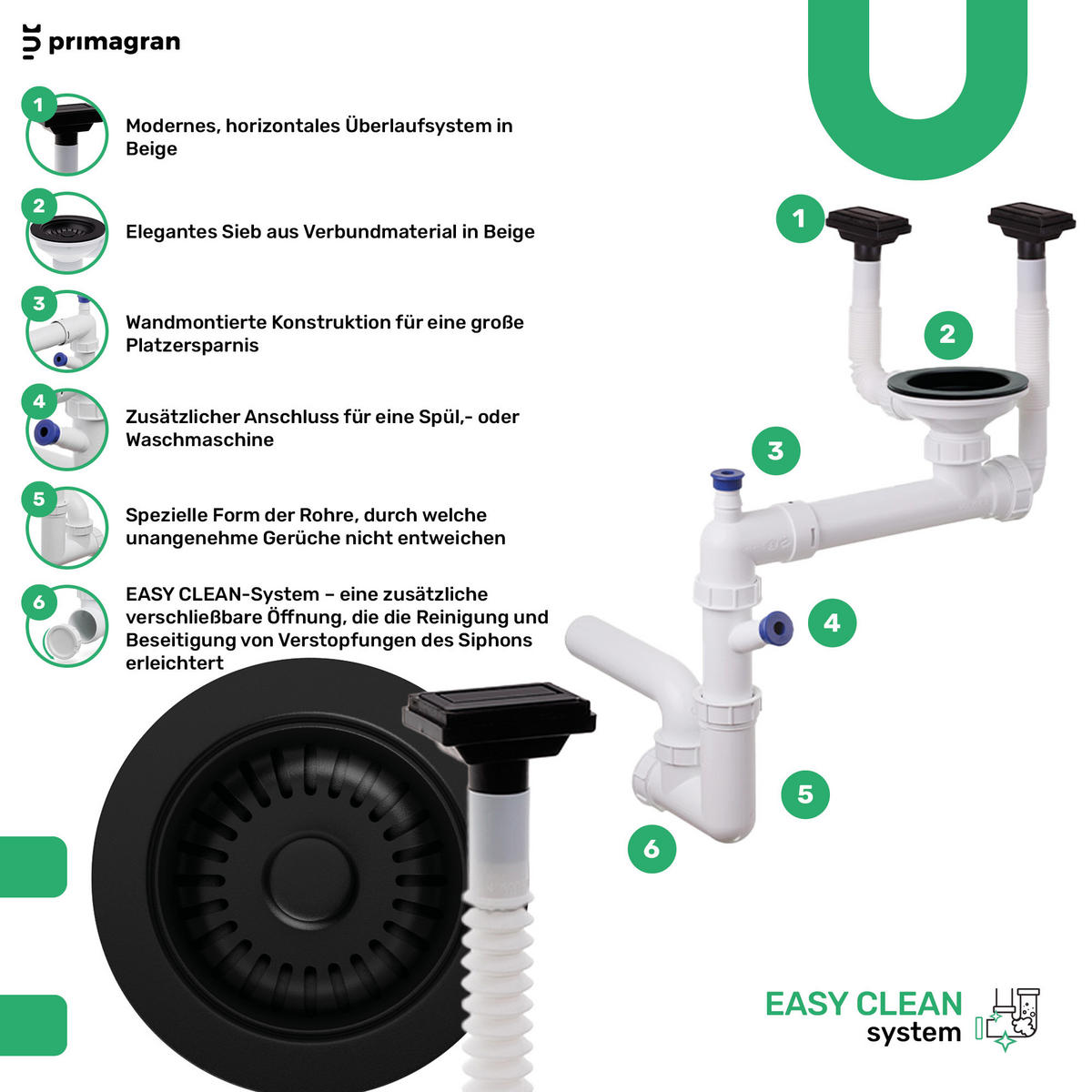 GRANITSPÜLE Bergen Pocket, 2-er set Alles Schwarz 56/54 cm 1 Becken + Küchenarmatur 40/38 cm + Ablauf-Set + Küchenzubehörset ab 60er Unterschrank - Beige/Schwarz, Kunststoff (56/20/54cm) - Primagran