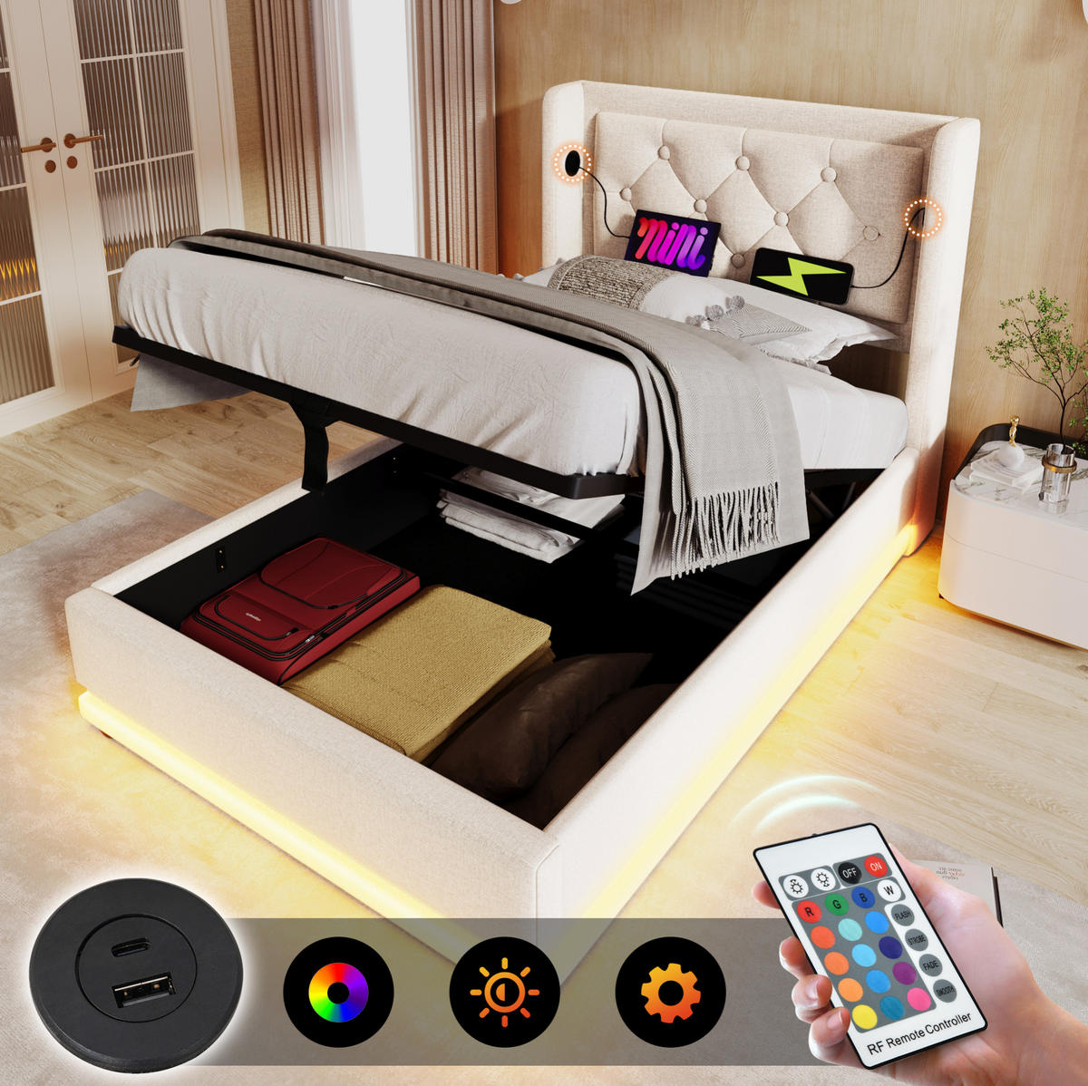 POLSTERBETT 90/200 cm Beige aus Baumwolle mit LED, Stauraum und USB-C - Beige, Textil (90/200cm) - OKMYHOME