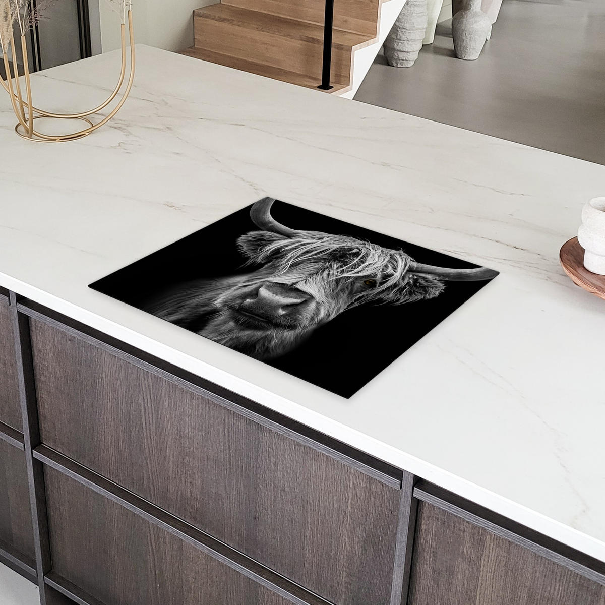 HERDABDECKPLATTE Schottischer Highlander - Hörner - Schwarz - Weiß - Kuh - Wild - Tiere Herdabdeckung Induktionsfeld 65x52 cm - Schwarz, Kunststoff (65/52/0.2cm) - MuchoWow