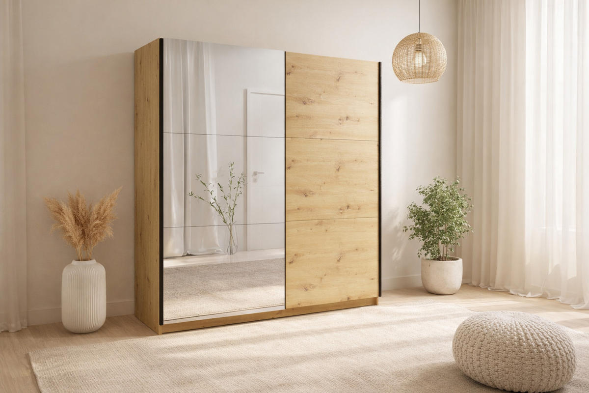 SCHWEBETÜRENSCHRANK ARLO I 150/207 cm in Eiche Artisan mit Spiegel - Eiche Artisan, Holzwerkstoff (151/59/207cm) - Deine Möbel 24
