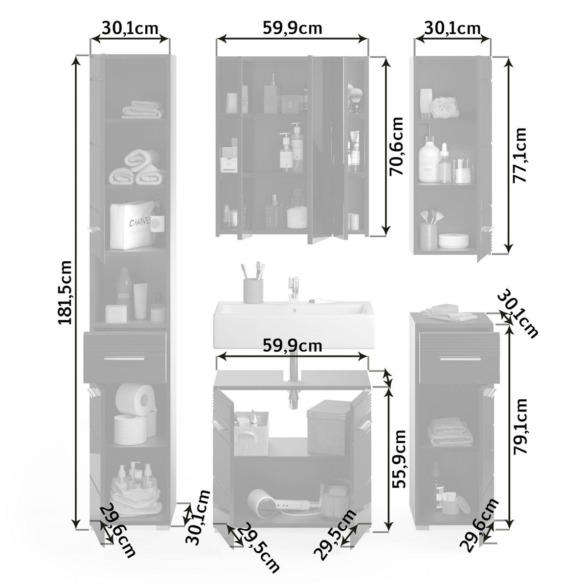 BADMÖBEL-SET in schwarz Hochglanz, 5-teilig 150 cm, Badkombination - Schwarz, Glas/Holzwerkstoff (150/182/34cm) - Inn.Furn