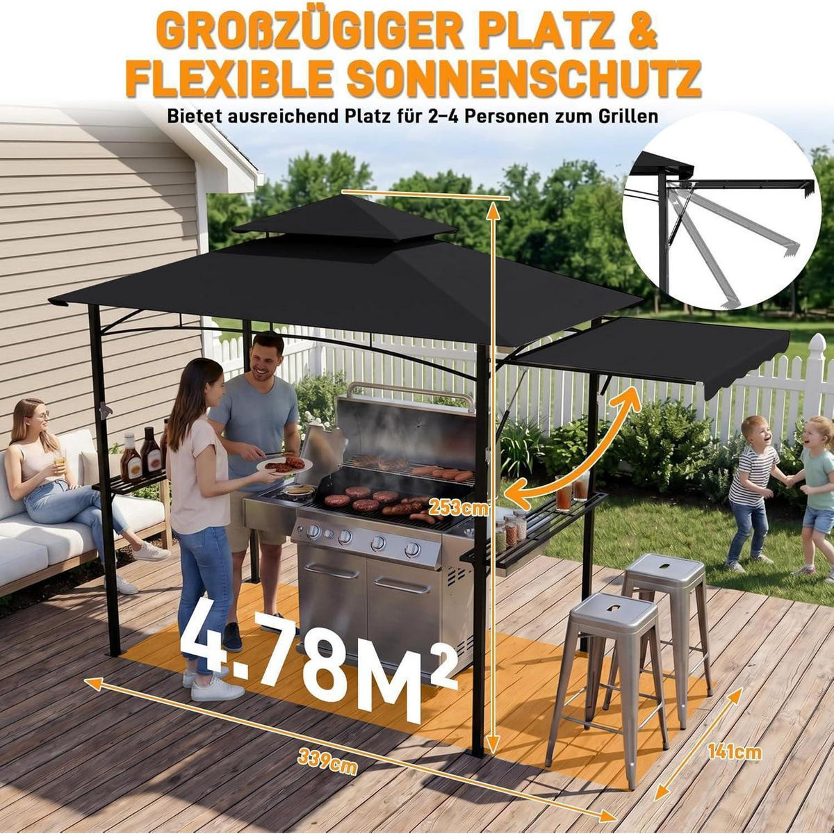 GRILLPAVILLON mit Seitenmarkise und Ablagen Schwarz - Schwarz, Metall (123/253/201cm)