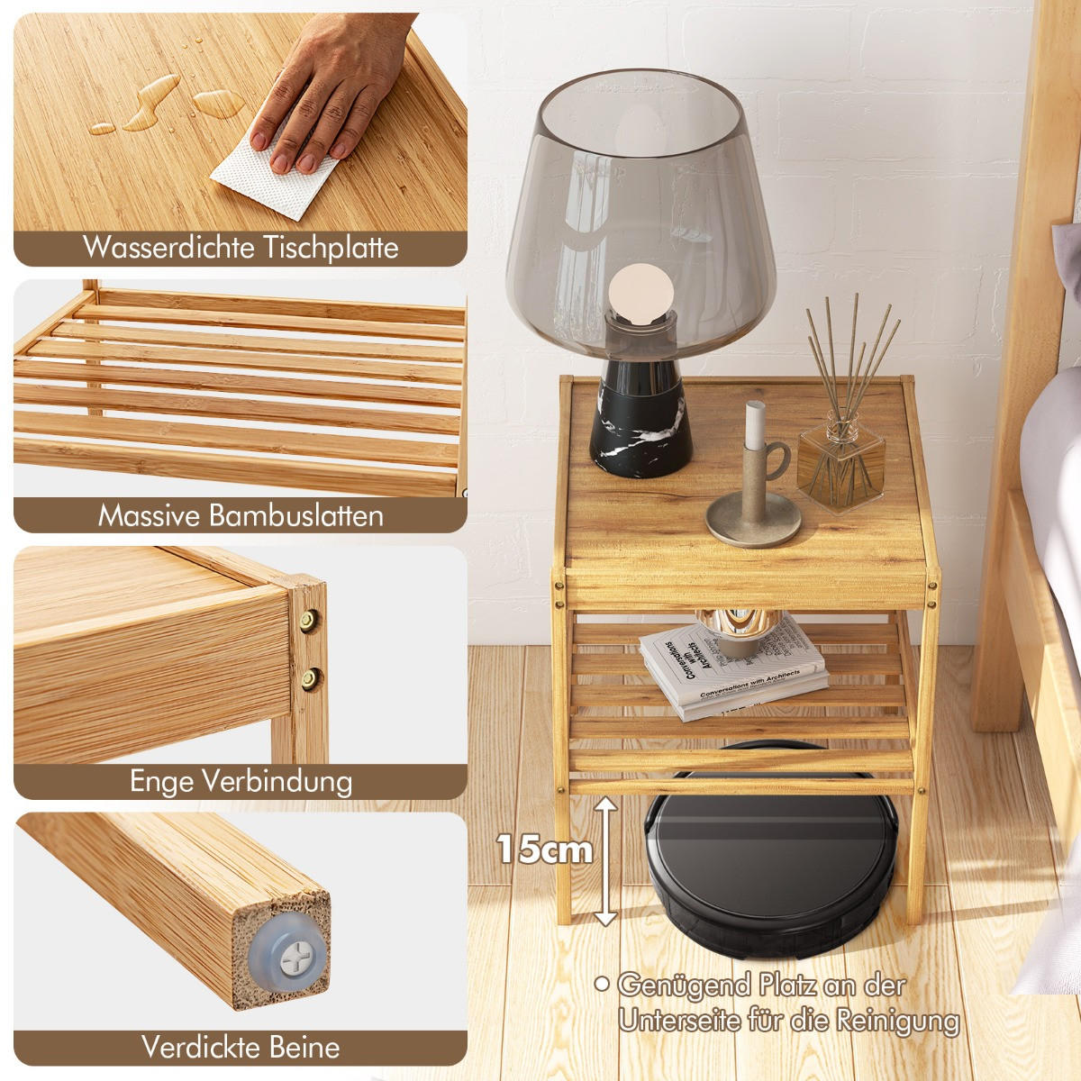 NACHTTISCHE 2er-Set aus Bambus, 2-stufiger Beistelltisch 40 x 40 x 45 cm, Natur - Naturfarben, Naturmaterialien/Holzwerkstoff (40/45/40cm) - DESIGN IN
