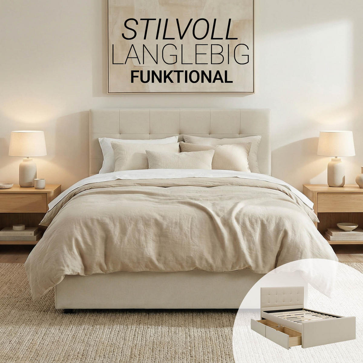 POLSTERBETT mit Stauraum 120/200 cm in Beige + Lattenrost - Beige/Naturfarben, Textil (120/200cm) - Homestyle4u
