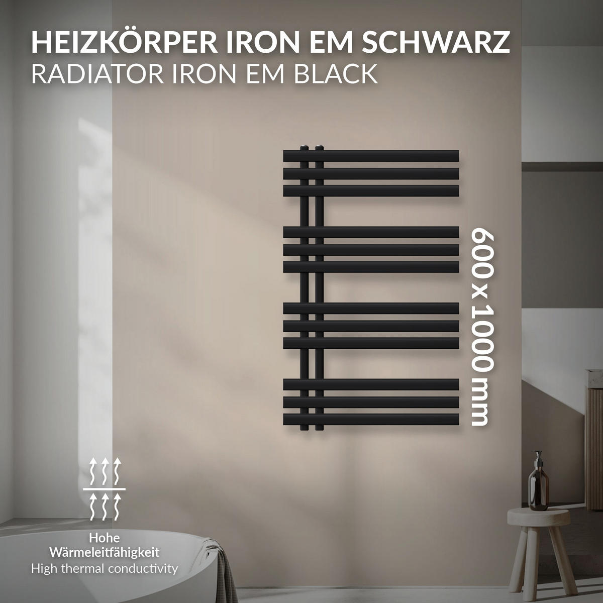 BADHEIZKÖRPER Iron EM 600x1000 Schwarz - Schwarz, Metall (60/100/3cm) - LuxeBath