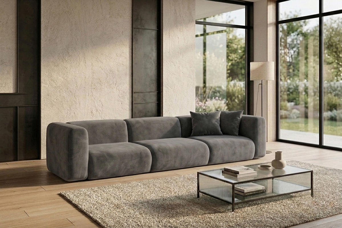 SOFA 3-Sitzer, Velvet-Stoff Bluvel, Aschgrau, GRETA - Grau, Holz (319/70/89cm) - Kaiser Möbel