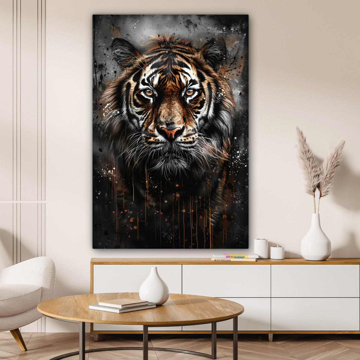 LEINWANDBILD Tiger - Tiere - Porträt - Luxus - Schwarz 80x120 cm - Anthrazit, Textil (80/120cm) - MuchoWow