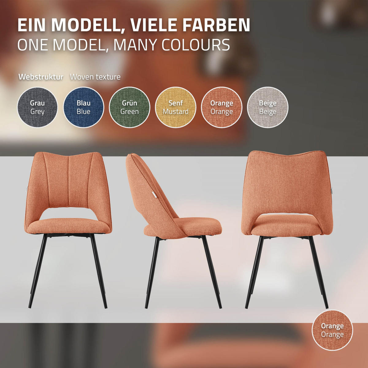 ESSZIMMERSTUHL Orange 4er Set - Schwarz/Orange, Textil/Metall (53/89/57cm) - ML-DESIGN