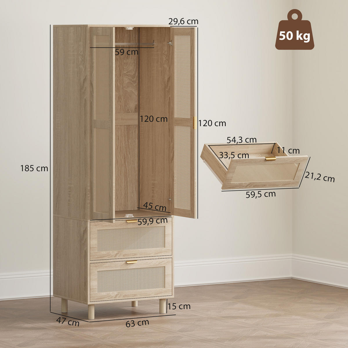 KLEIDERSCHRANK DE-17216 2 Rotting-Türen & 2 Schubladen Natur - Naturfarben, Holzwerkstoff (47/185/63cm) - ComfortXL