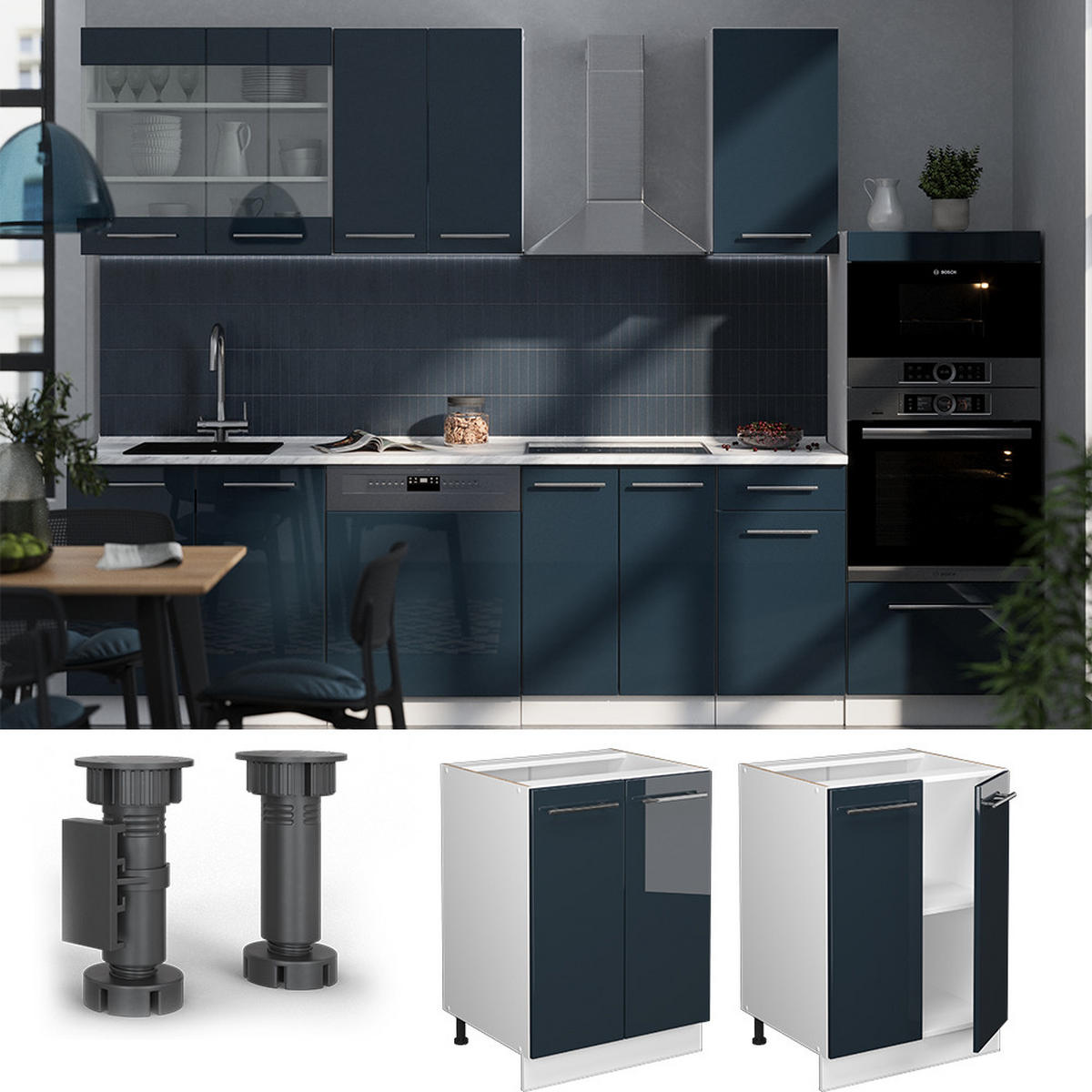 KÜCHENUNTERSCHRANK Fame-Line Dunkelblau Hochglanz 60 cm, AP Anthrazit - Weiß/Dunkelblau, Holzwerkstoff (60/82/60cm) - Vicco