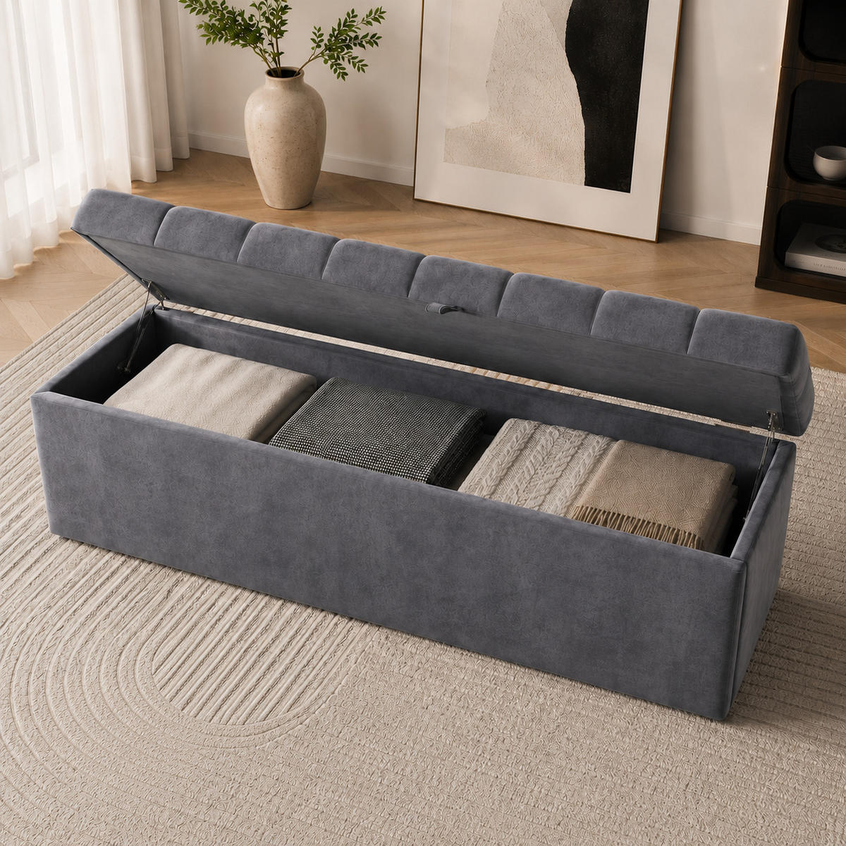 POLSTERBANK 138x41x42 cm Grau Samt mit Stauraum - Grau, Textil - FLIEKS
