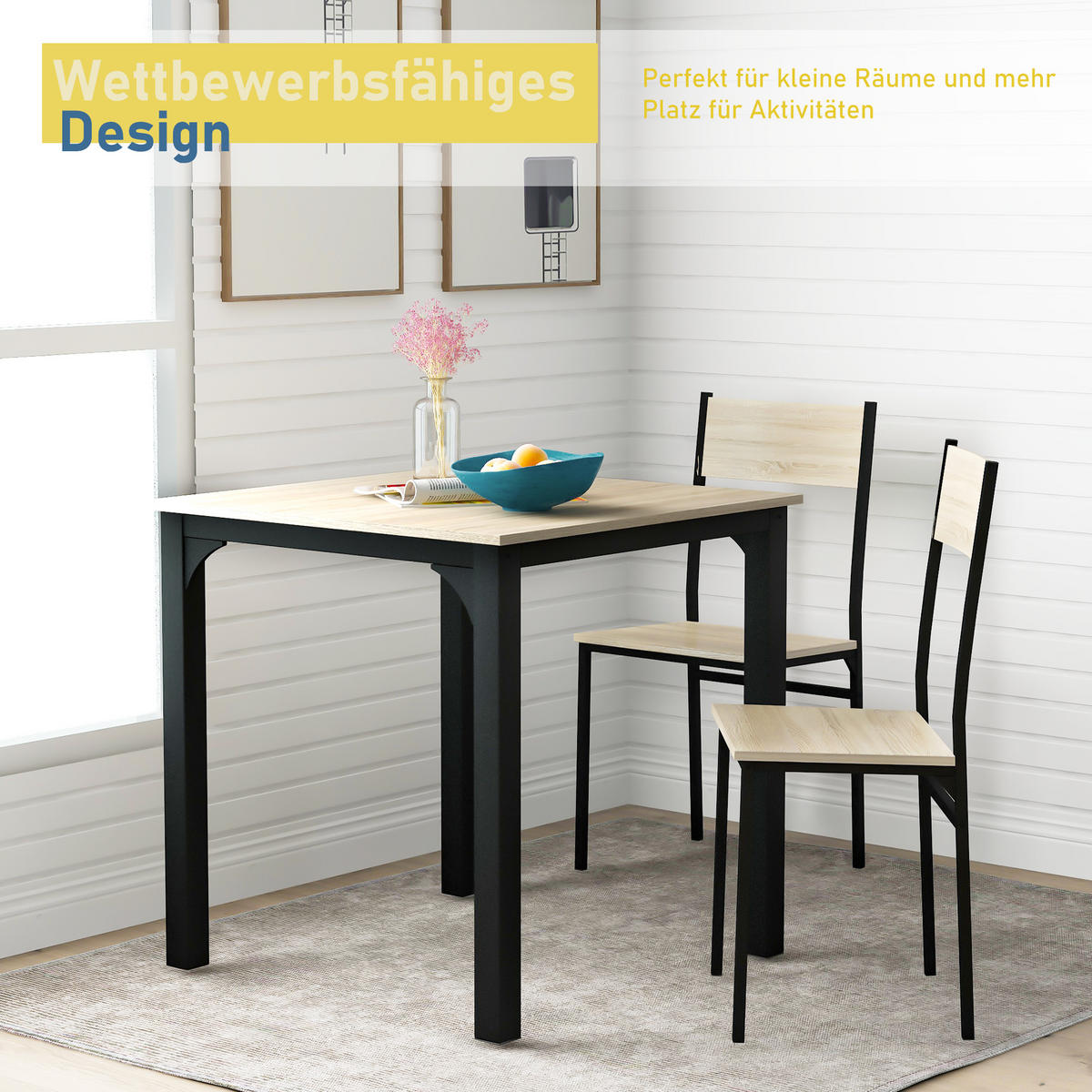 SITZGRUPPE Esstisch mit 2 Stühlen Naturfarbe - Naturfarben, Metall (70/75.5/70cm) - FLIEKS