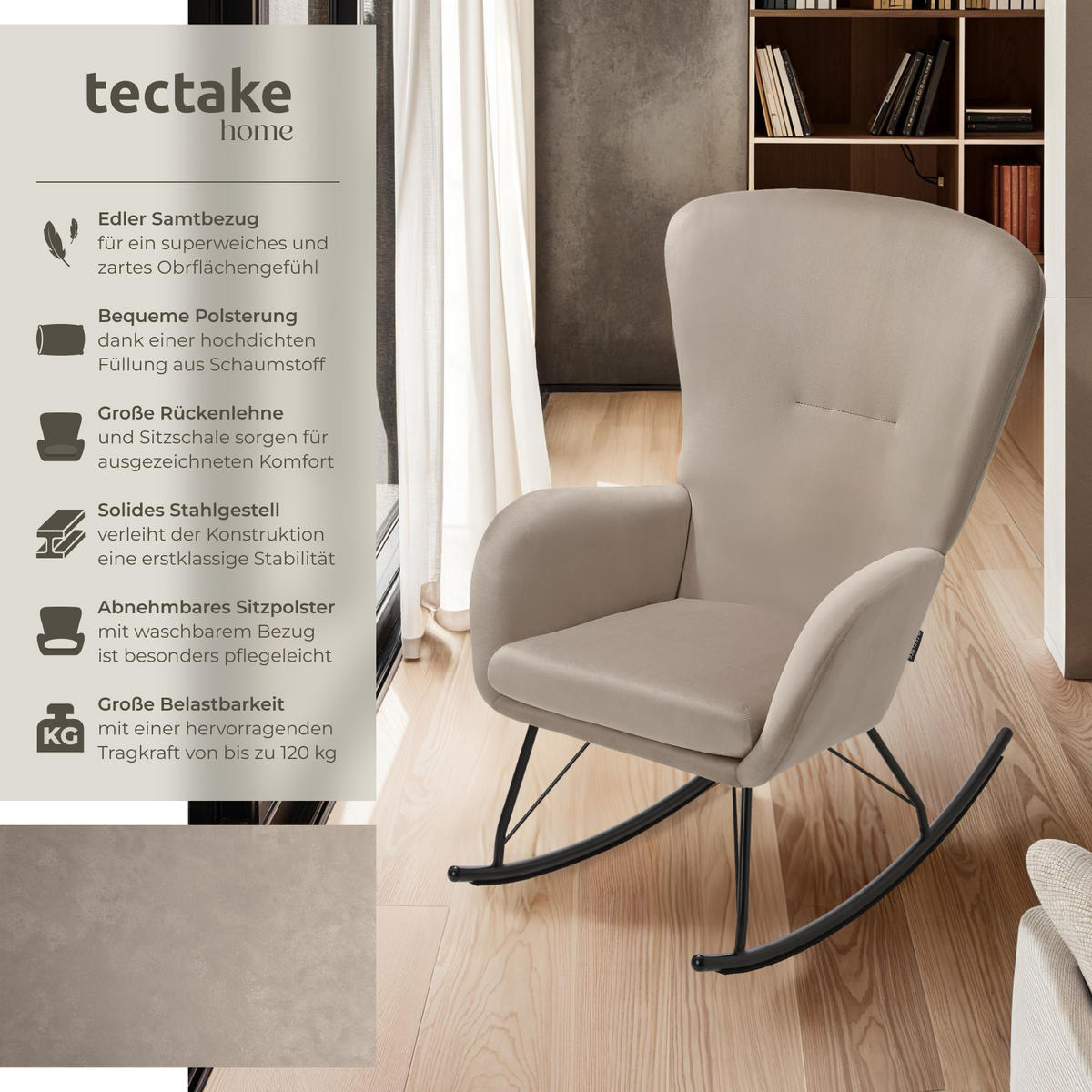 SCHAUKELSTUHL Swing,70 x 93 x 100 cm, Belastbarkeit 120 kg,schwarz/taupe - Taupe/Schwarz, Kunststoff (70/100/93cm) - tectake