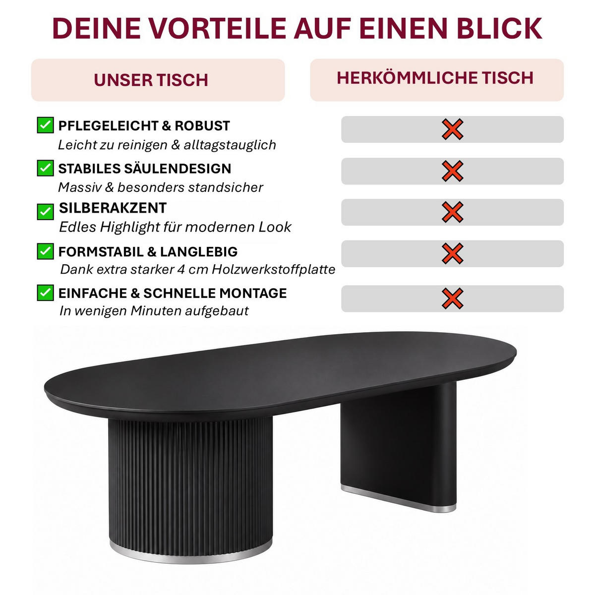COUCHTISCH Oval Schwarz 130 × 70 cm mit geriffeltem Säulengestell und Silberakzenten - Schwarz, Holzwerkstoff (70/130/45cm)