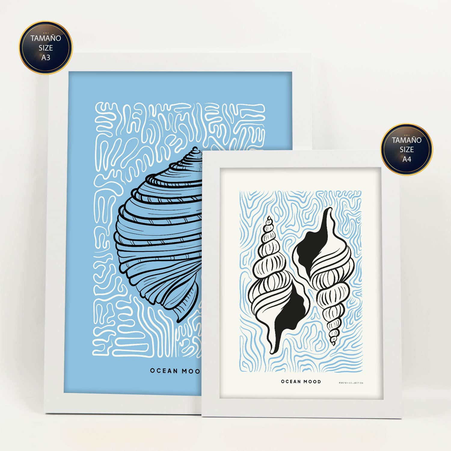 POSTER Set Mit 6 In Schwarzer Tinte Irises Kunstdrucke Von Meer Und Ozean Für Innenarchitektur A3 & A4 Weißer Rahmen - Weiß, Papier (29/3cm) - Nacnic