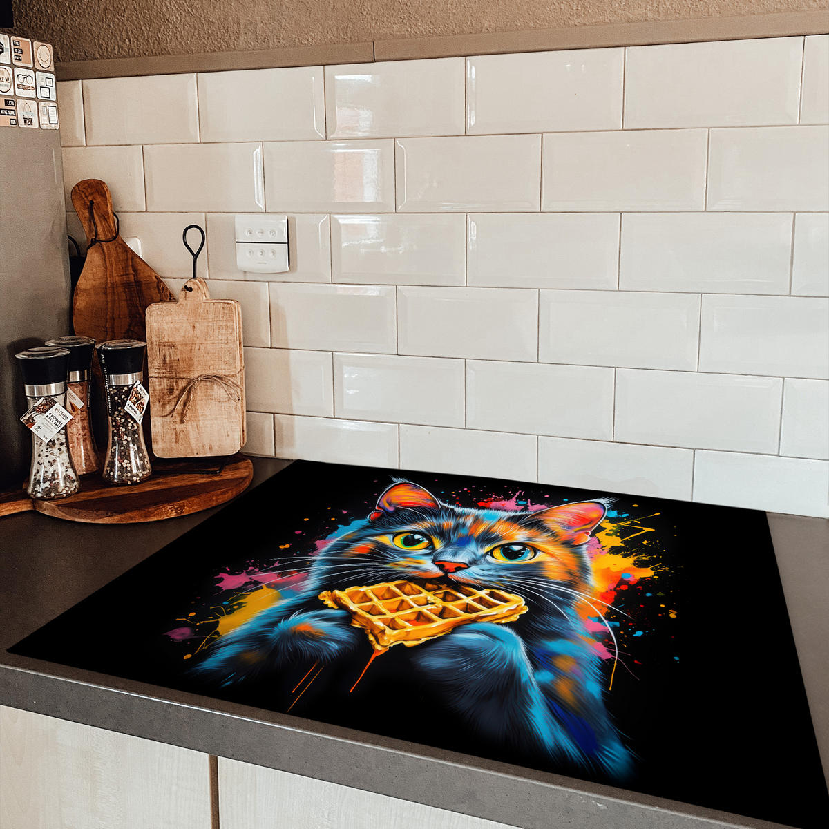 HERDABDECKPLATTE Katze - Graffiti - Bunt - Waffel - Essen Induktionsmatte 77x59 cm - Multicolor, Kunststoff (77/59/0.2cm) - MuchoWow