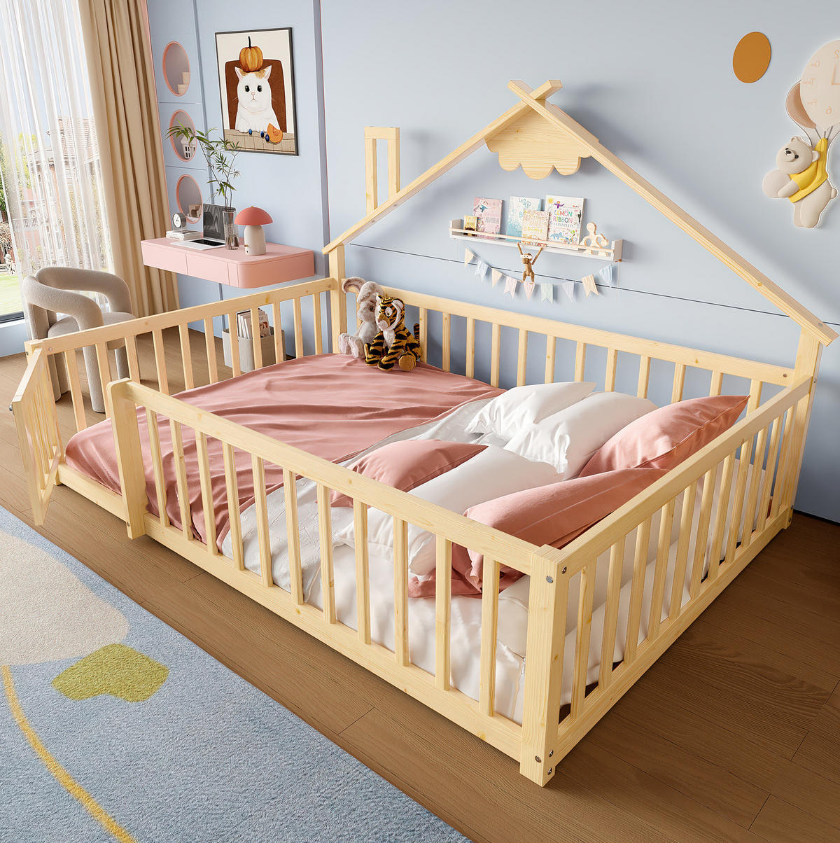 KINDERBETT 140/190 cm aus Kiefern mit Hausrahmen, Schutzgeländer und Verschluss, Natur - Naturfarben, Holzwerkstoff (140/190cm) - Redom