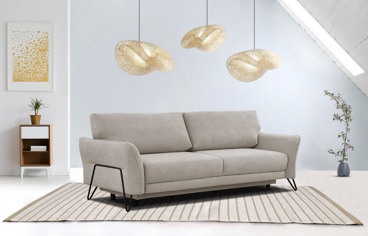 SOFA LOREM 3-Sitzer mit Schlaffunktion, beige - Beige/Schwarz, Holz/Textil (232/90/107cm) - Courtois Laville