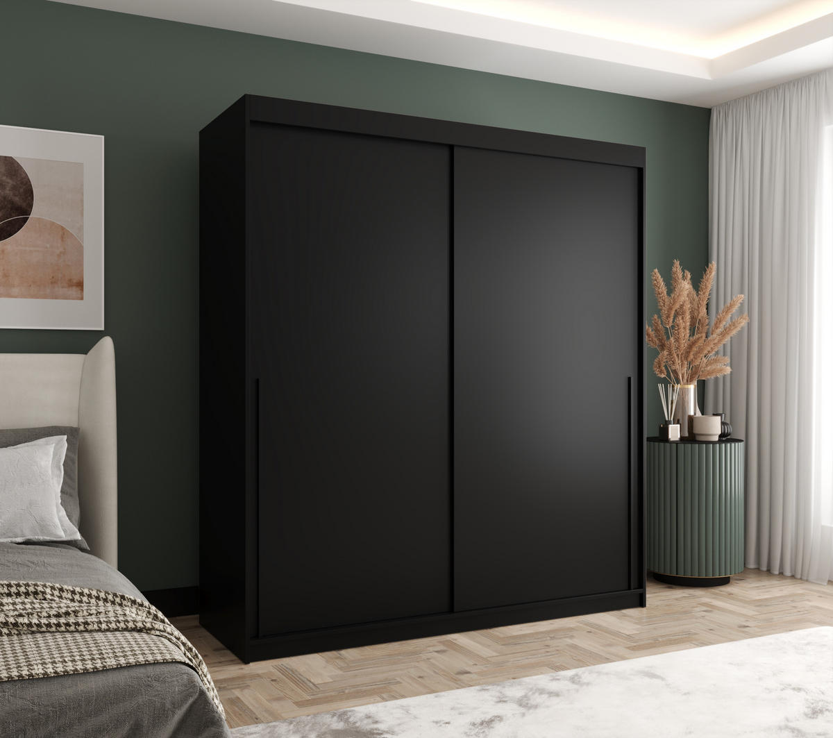 SCHWEBETÜRENSCHRANK 180 cm Breite, schwarz mit schwarzem Griff - Schwarz, Holzwerkstoff (180/200/62cm) - Home Collective
