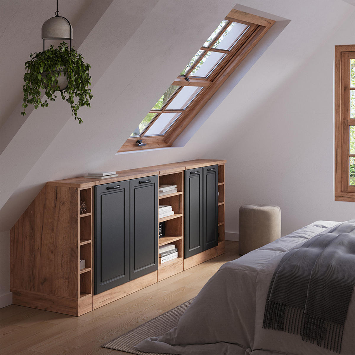 DACHSCHRÄGENSCHRANK-SET Rion Anthrazit Landhaus 210 cm 5er Set Schrankkorpuss 60 cm Tiefe - Honigeiche/Anthrazit, Holzwerkstoff (210/83.8/60cm) - Vicco