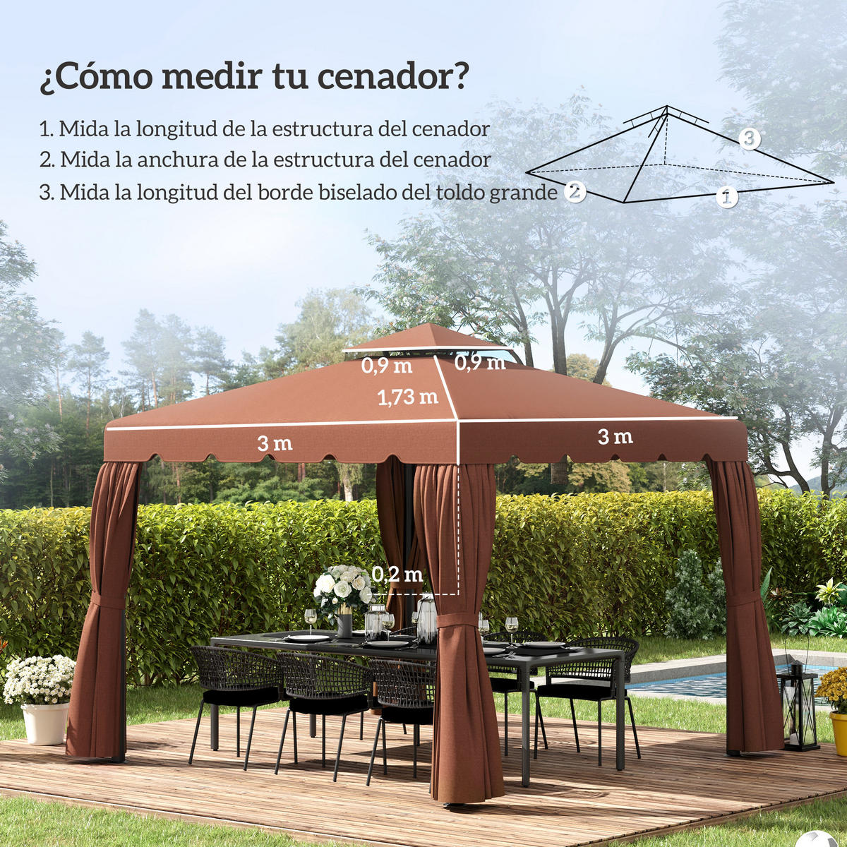 ERSATZDACH, 3x3 m für Pavillon, Doppeldach mit 8 Abflusslöchern, kaffeefarben - Multicolor, Kunststoff (300/300cm) - FORIOUS