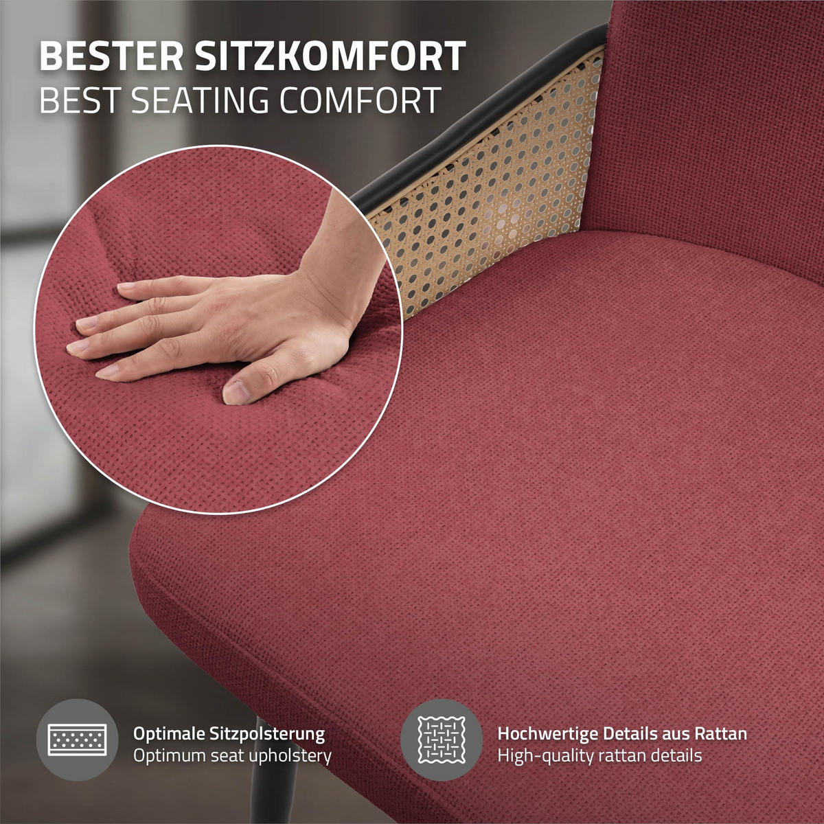 JÍDELNÍ ŽIDLE, sada 4 ks, červená, s látkovým potahem v ratanovém vzhledu - černá/červená, kov/textil (51/91/61cm) - ML-DESIGN