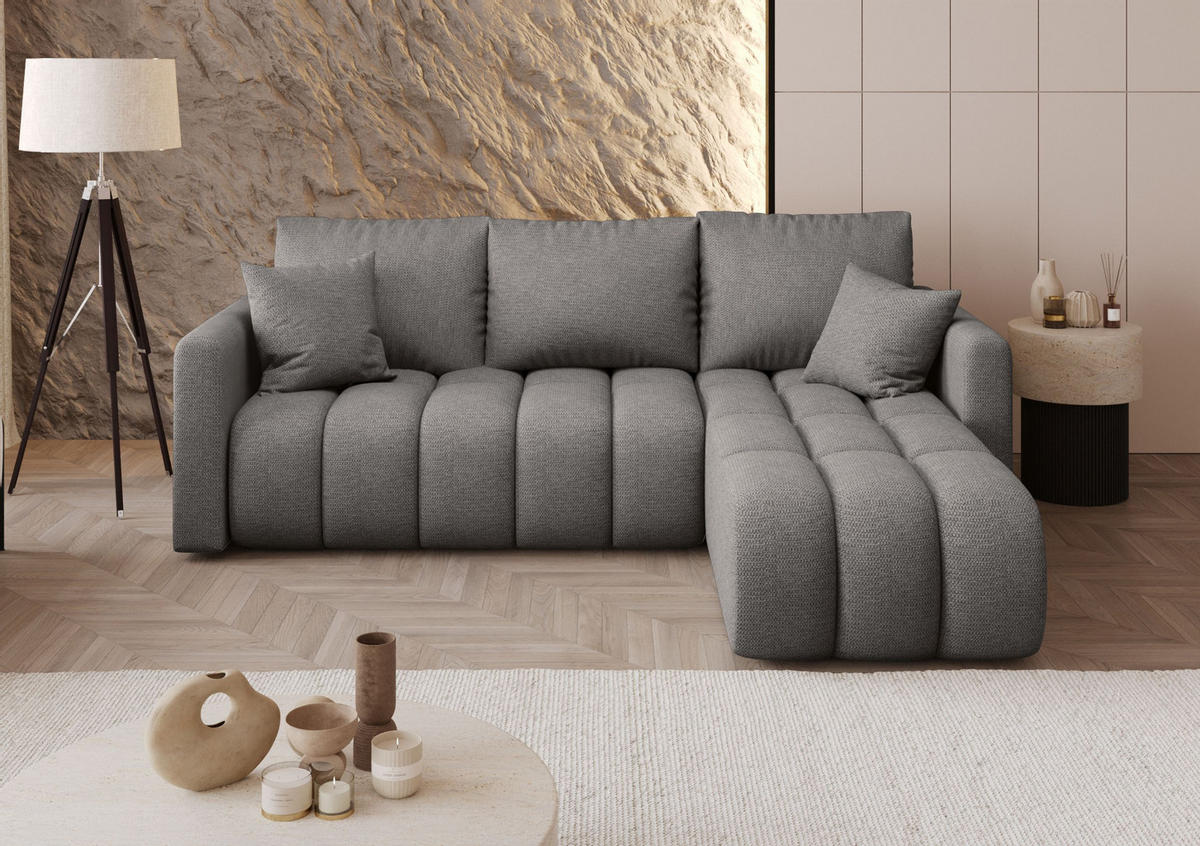 ECKSOFA GARDA rechts hellgrau Strickstoff Aragon 83 - Schlaffunktion, Bettkasten - Hellgrau, Textil (230/149cm) - Cornero