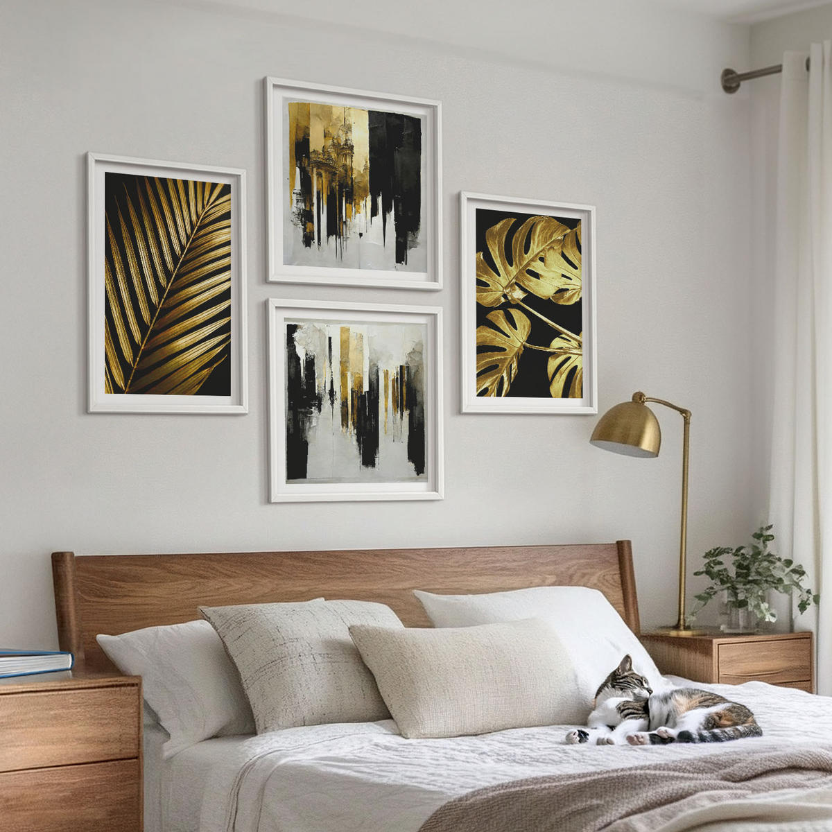 WANDBILDER 4er-Set - 50x50 cm & 40x60 cm Weißer Rahmen - Abstrakte Monstera-Palmenblätter - Weiß, Kunststoff (50/50cm) - ArtPrintCave