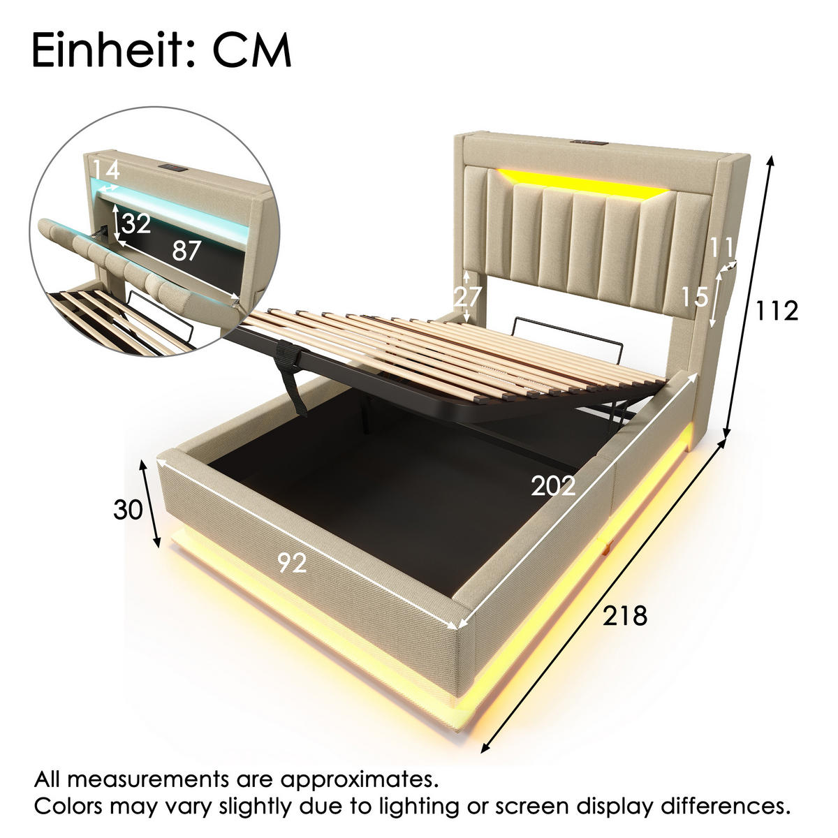 POLSTERBETT 90/200 cm Beige mit Stauraum-Kopfteil und USB-Anschlüssen - Beige, Textil (90/200cm) - OKWISH