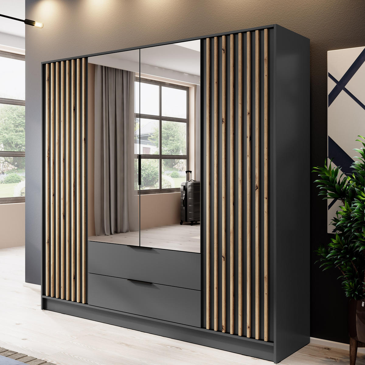 KLEIDERSCHRANK Stilo in Graphit, vier Türen, mit Spiegel und Lamellen an der Front - Schwarz/Graphitfarben, Holzwerkstoff/Kunststoff (206/200/51cm) - Ravio