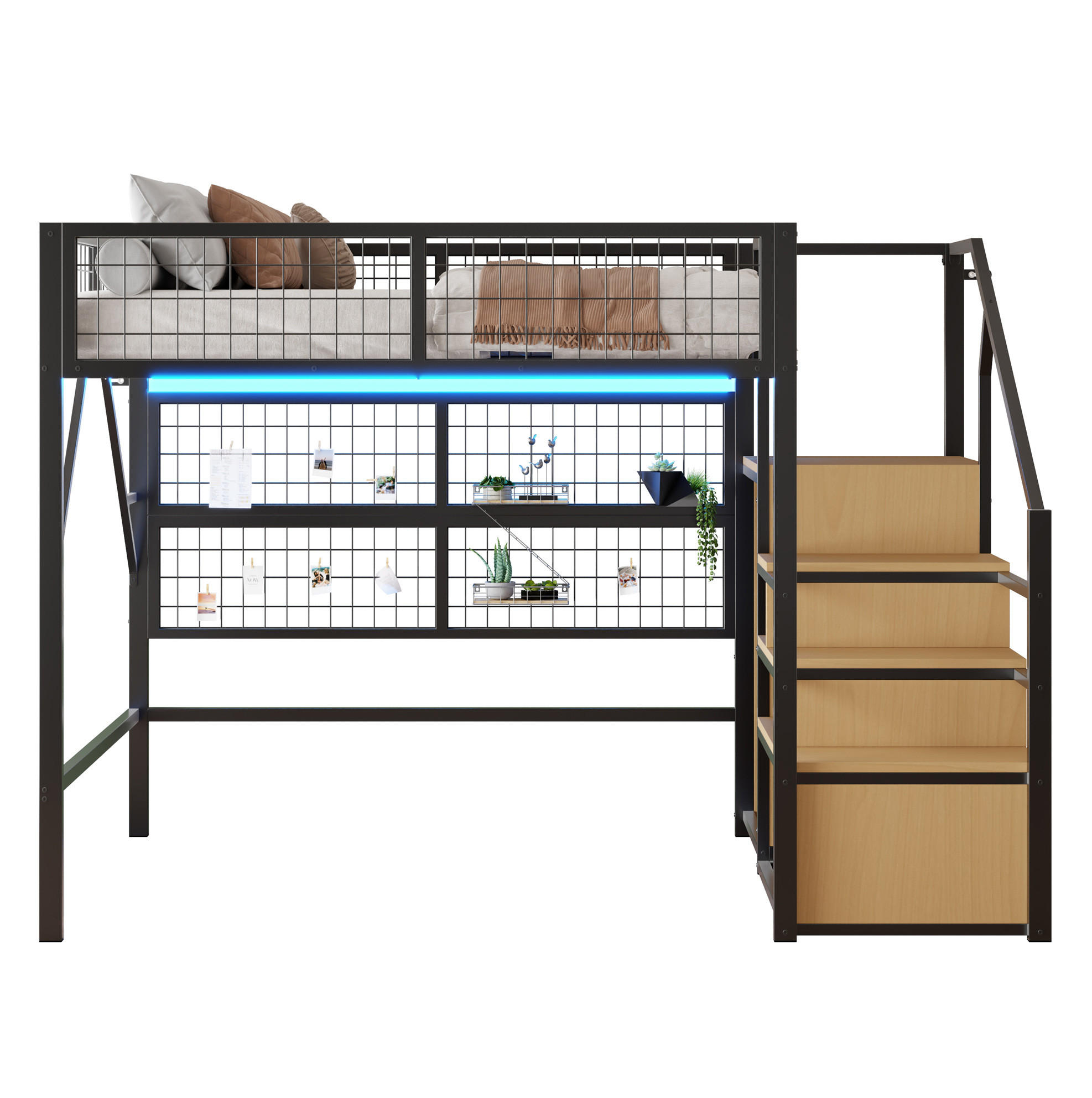 OKWISH VYSOKÁ postel 255/145/170 cm černá s LED osvětlením a úložnými schody z kovu a MDF